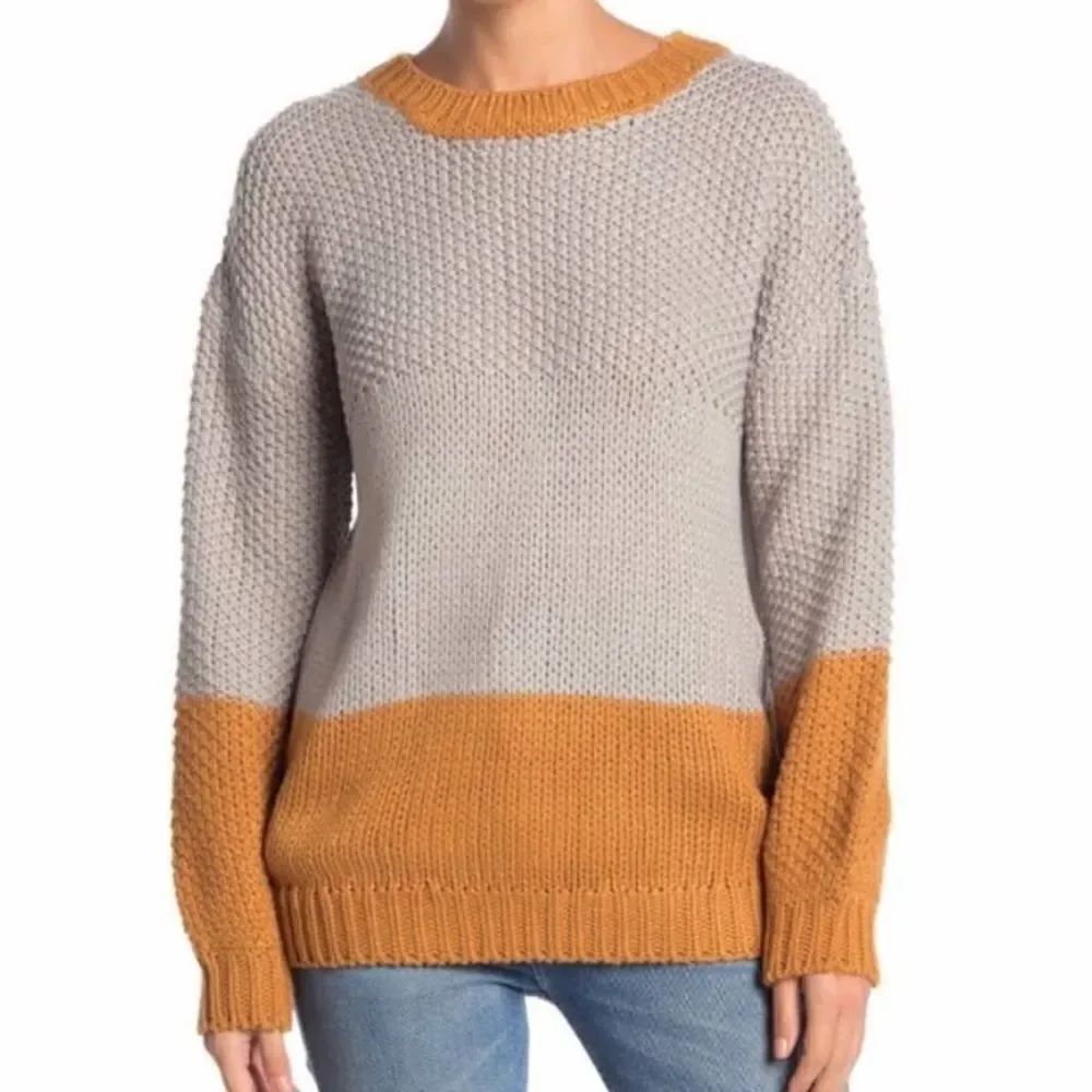 Elodie CrewNeck Colorblock Chunky Knit Sweater Balloon Sleeve Gray Mustard S